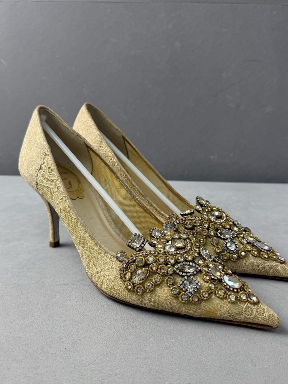 Rene Caovilla Gold Jeweled Pointed-Toe Lace Heels - Picture 3 of 5